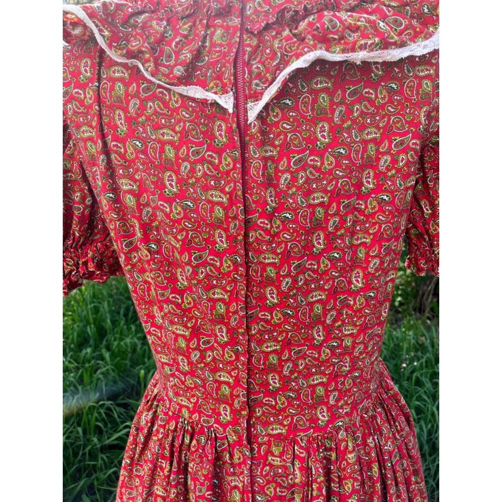 Vintage 1970s Peasant Maxi Dress Burgundy Cotton Paisley Flare - Picture 12 of 16